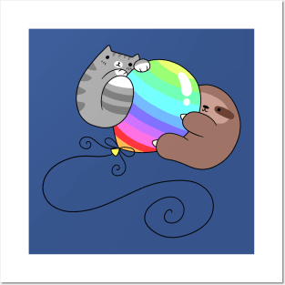 Rainbow Balloon Sloth and Cat Posters and Art